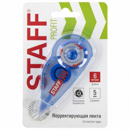Корректирующая лента STAFF PROFIT, 5 мм х 6 м, механизм перемотки, корпус голубой, блистер, европодвес, 271254 Корректирующая лента STAFF PROFIT, 5 мм х 6 м, механизм перемотки, корпус голубой, блистер, европодвес, 271254