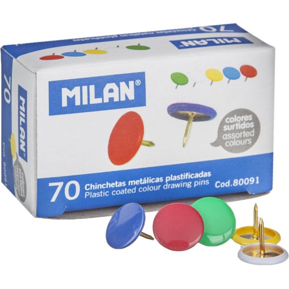 Кнопки канцелярские MILAN 10 мм, металлич. шляпка,цветные 70 шт. карт.уп