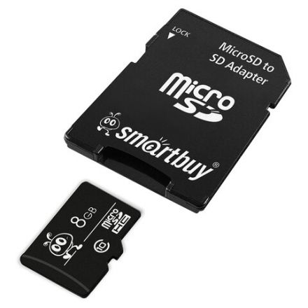 Карта памяти micro SDHC, 8 GB, SMARTBUY, 10 Мб/сек. (class 10), с адаптером, SB8GBSDCL10-01
