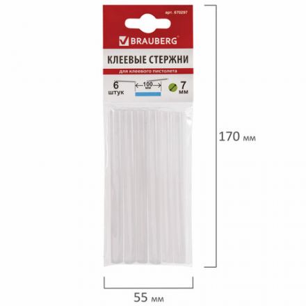 Клеевые стержни, диаметр 7 мм, длина 100 мм, белые, комплект 6 штук, BRAUBERG, европодвес, 670297 Клеевые стержни, диаметр 7 мм, длина 100 мм, белые, комплект 6 штук, BRAUBERG, европодвес, 670297