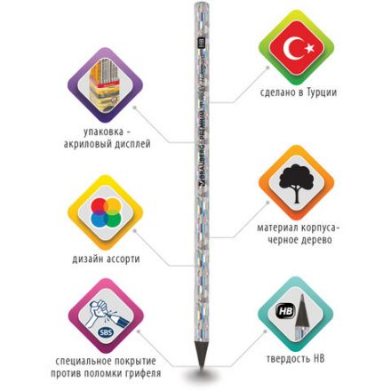 Карандаш чернографитный BRAUBERG "PREMIUM TURKEY", 1 шт., "Hologram", НВ, ассорти, дисплей, 181571 Карандаш чернографитный BRAUBERG "PREMIUM TURKEY", 1 шт., "Hologram", НВ, ассорти, дисплей, 181571
