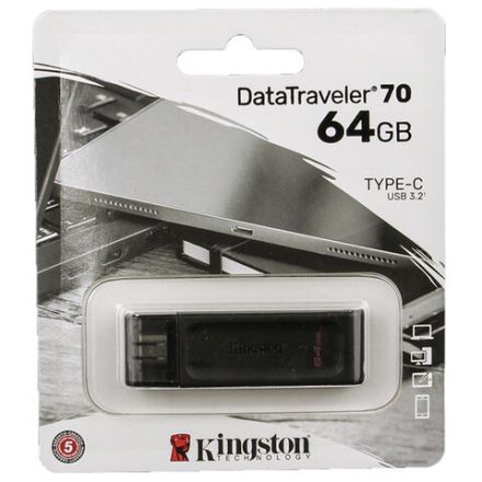 Флеш-диск 64GB KINGSTON DataTraveler 70, разъем Type-C 3.2, черный, DT70/64GB Флеш-диск 64GB KINGSTON DataTraveler 70, разъем Type-C 3.2, черный, DT70/64GB