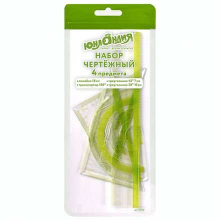 Набор чертежный ЮНЛАНДИЯ "ГЕОМЕТРИЯ" (линейка 18 см, 2 треугольника, транспортир), зеленая шкала, 210740 Набор чертежный ЮНЛАНДИЯ "ГЕОМЕТРИЯ" (линейка 18 см, 2 треугольника, транспортир), зеленая шкала, 210740