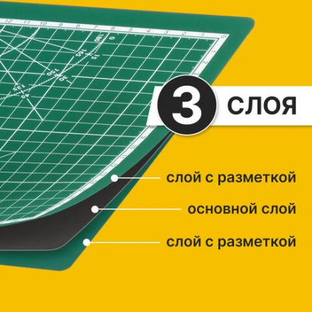 Коврик (мат) для резки BRAUBERG, 3-слойный, А4 (300х220 мм), двусторонний, толщина 3 мм, зеленый, 236905