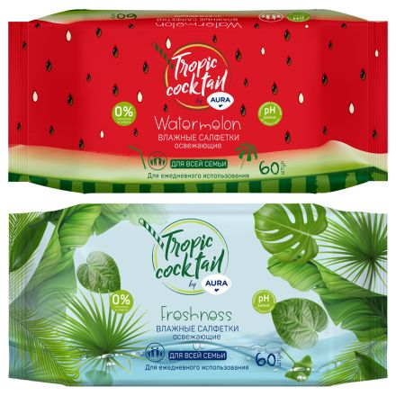 Салфетки влажные Aura "Tropic coctail", 60шт., освежающие Салфетки влажные Aura "Tropic coctail", 60шт., освежающие