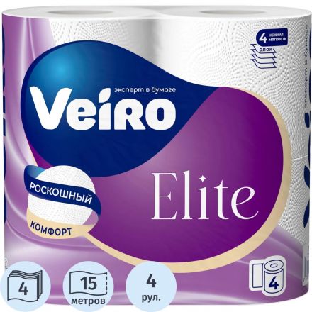 Бумага туалетная Veiro Elite бел перв цел 15м 4сл 4рул/уп