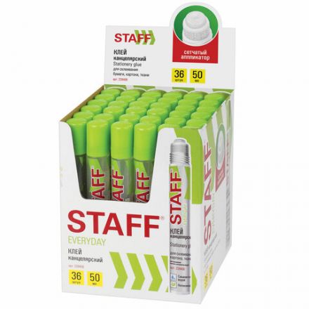 Клей канцелярский STAFF EVERYDAY, 50 мл, сетчатый аппликатор, 228408 Клей канцелярский STAFF EVERYDAY, 50 мл, сетчатый аппликатор, 228408