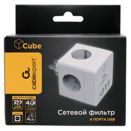 Сетевой фильтр CABLEXPERT Cube, 4 розетки, 16 А, 1 x Type-C PD, 3 х USB, белый, CUBE-4-СU3-W Сетевой фильтр CABLEXPERT Cube, 4 розетки, 16 А, 1 x Type-C PD, 3 х USB, белый, CUBE-4-СU3-W