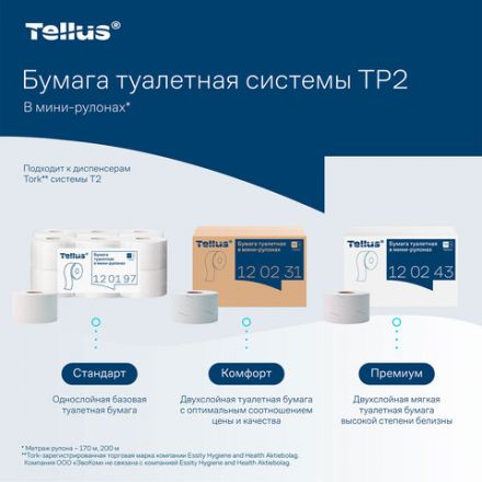 Бумага туалетная 170 метров, Tellus/TORK (Система T2) ADVANCED, КОМПЛЕКТ 12 рулонов, 2-слойная, белая, 120231