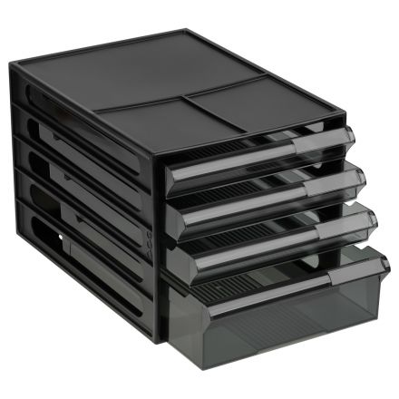 Блок из 4 выдвижных лотков СТАММ, черный корпус, тонированные черные лотки Блок из 4 выдвижных лотков СТАММ, черный корпус, тонированные черные лотки