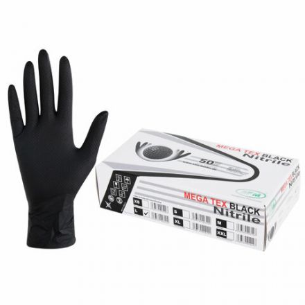 Перчатки нитриловые сверхпрочные с текстурой SFM MEGA TEX BLACK, Германия, 25 пар (50 штук), размер 8-9 (большой)