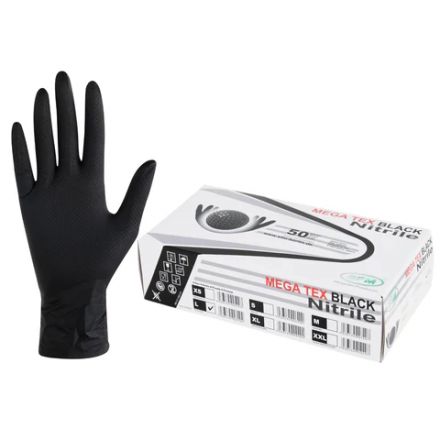 Перчатки нитриловые сверхпрочные с текстурой SFM MEGA TEX BLACK, Германия, 25 пар (50 штук), размер 8-9 (большой)