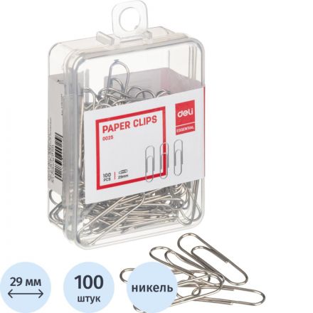 Скрепки Deli E0025 никелированные 28-29 мм (100 штук в упаковке) Скрепки Deli E0025 никелированные 28-29 мм (100 штук в упаковке)