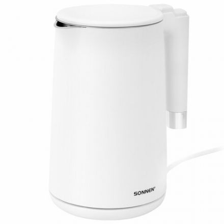 Чайник электрический с двойными стенками SONNEN KT-8719W, 1,5 л, 2200 Вт, белый, 454691 Чайник электрический с двойными стенками SONNEN KT-8719W, 1,5 л, 2200 Вт, белый, 454691
