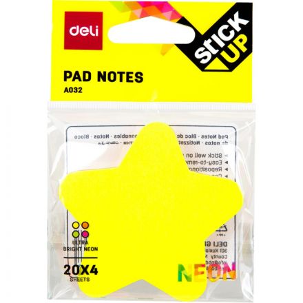 Стикеры с клеевым краем Deli 76х76 мм,20 листов,неон-е,форма в асс-те      