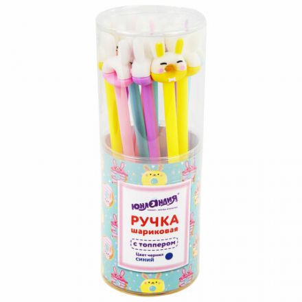 Ручка с топпером шариковая ЮНЛАНДИЯ "Зайка-пончик", корпус ассорти, СИНЯЯ, пишущий узел 0,7 мм, 143802