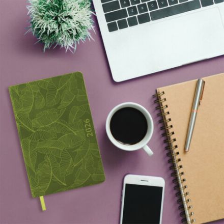 Ежедневник датированный 2026 А5 138x213 мм, BRAUBERG "Foliage", под кожу, гибкий, зеленый, 117128