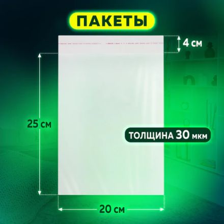 Пакет БОПП с клеевым клапаном, КОМПЛЕКТ 100 шт., 20х25+4 см, толщина 30 мкм, с усиленным швом