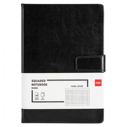 Блокнот Deli А5 96л 80 г/м тверд.облож,магнит клетка 5x5мм черн кожа EN138G