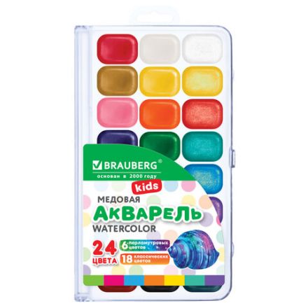 Краски акварельные BRAUBERG KIDS NEW, медовые, 24 цвета (18 базовых + 6 перламутр), квадратные кюветы, пластик. пенал с европодвесом, 192798 Краски акварельные BRAUBERG KIDS NEW, медовые, 24 цвета (18 базовых + 6 перламутр), квадратные кюветы, пластик. пенал с европодвесом, 192798