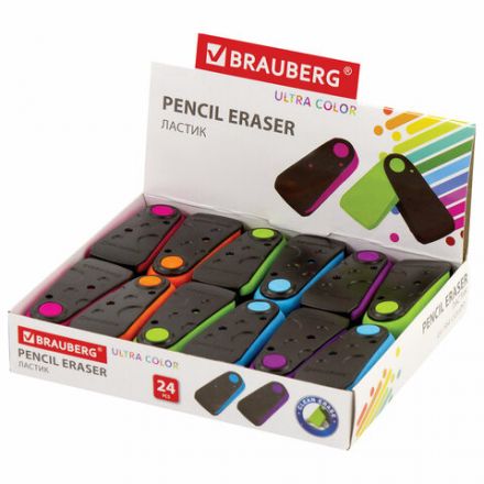 Ластик BRAUBERG "ULTRA COLOR", 57х24х15 мм, ассорти, черный пластиковый футляр, 229562