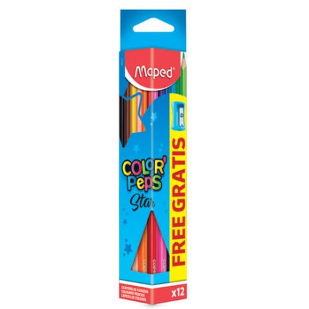 Карандаши цветные MAPED (Франция) "Color'Peps Star", 12 цветов + ТОЧИЛКА, трехгранные, грифель 3 мм, натуральное дерево,183213 Карандаши цветные MAPED (Франция) "Color'Peps Star", 12 цветов + ТОЧИЛКА, трехгранные, грифель 3 мм, натуральное дерево,183213