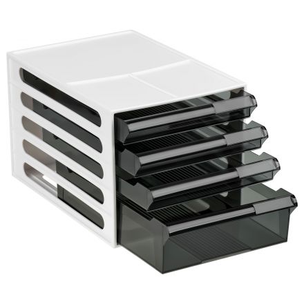 Блок из 4 выдвижных лотков СТАММ, белый корпус, тонированные черные лотки Блок из 4 выдвижных лотков СТАММ, белый корпус, тонированные черные лотки