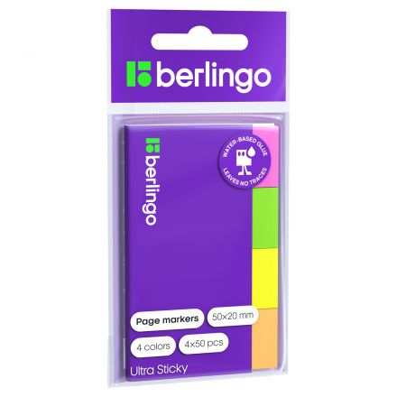 Флажки-закладки Berlingo "Ultra Sticky", 20*50мм, 50л*4 неоновых цвета Флажки-закладки Berlingo "Ultra Sticky", 20*50мм, 50л*4 неоновых цвета
