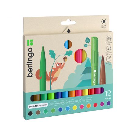 Фломастеры с кистевым пишущим узлом Berlingo "Brush", 12цв., смываемые, картон, европодвес Фломастеры с кистевым пишущим узлом Berlingo "Brush", 12цв., смываемые, картон, европодвес
