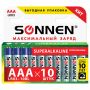 Батарейки КОМПЛЕКТ 10 шт., SONNEN Super Alkaline, AAA (LR03, 24А), алкалиновые, мизинчиковые, короб, 454232