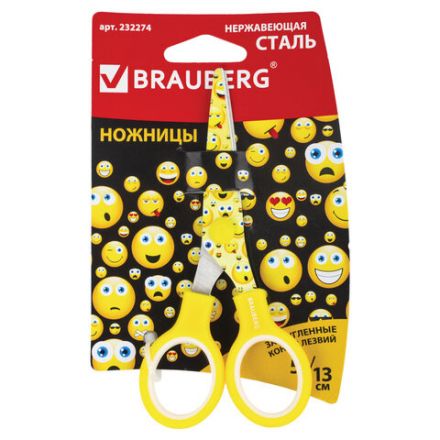 Ножницы 130 мм с цветной печатью "Смайлики", жёлто-белые, закругленные, BRAUBERG KIDS, 232274 Ножницы 130 мм с цветной печатью "Смайлики", жёлто-белые, закругленные, BRAUBERG KIDS, 232274