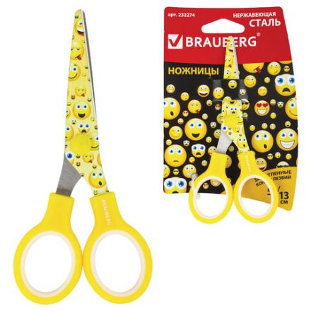 Ножницы 130 мм с цветной печатью "Смайлики", жёлто-белые, закругленные, BRAUBERG KIDS, 232274 Ножницы 130 мм с цветной печатью "Смайлики", жёлто-белые, закругленные, BRAUBERG KIDS, 232274