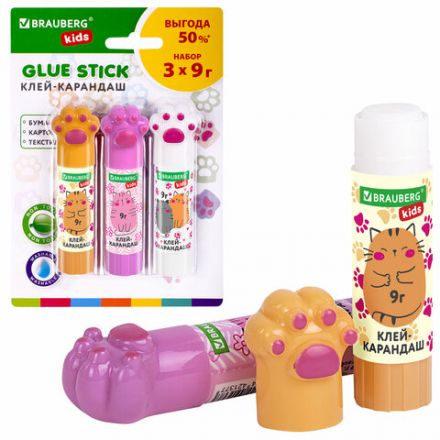 Клей-карандаш "Лапки" Cat Paw, 9 г, фигурный колпачок, 3 шт. на блистере, BRAUBERG KIDS, 271982 Клей-карандаш "Лапки" Cat Paw, 9 г, фигурный колпачок, 3 шт. на блистере, BRAUBERG KIDS, 271982