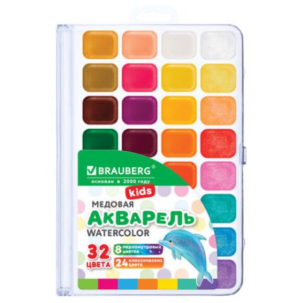 Краски акварельные BRAUBERG KIDS NEW, медовые, 32 цвета (24 базовых + 8 перламутр), квадратные кюветы, пластик. пенал с европодвесом, 192799