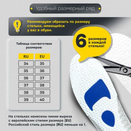 Стельки для обуви с АМОРТИЗИРУЮЩИМИ ВСТАВКАМИ, материал EVA, размер RU 34-39 / EU 35-40, с линиями выреза, SHEGRA (ШЕГРА), 700752 Стельки для обуви с АМОРТИЗИРУЮЩИМИ ВСТАВКАМИ, материал EVA, размер RU 34-39 / EU 35-40, с линиями выреза, SHEGRA (ШЕГРА), 700752