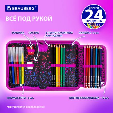 Пенал BRAUBERG с наполнением, 1 отделение, 1 откидная планка, 24 предмета, 21х14 см, "Leopard", 272350