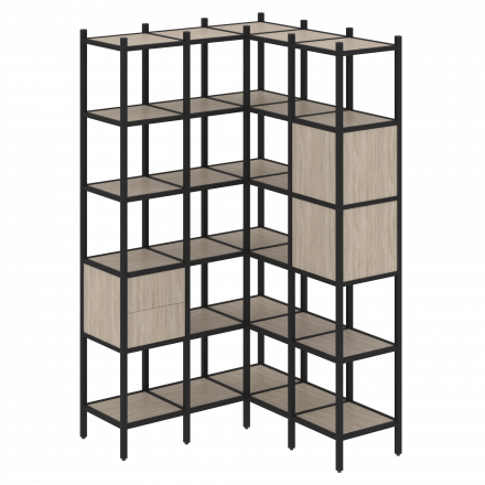 Loft Угловой внутренний стеллаж наборный VR.L-34 Дуб аттик/Чёрный металл 1278*1278*2280