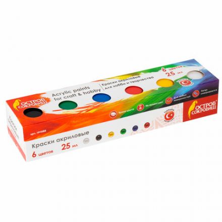 Краски акриловые для рисования и хобби ОСТРОВ СОКРОВИЩ 6 цветов по 25 мл, 191688 Краски акриловые для рисования и хобби ОСТРОВ СОКРОВИЩ 6 цветов по 25 мл, 191688