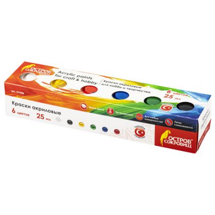 Краски акриловые для рисования и хобби ОСТРОВ СОКРОВИЩ 6 цветов по 25 мл, 191688 Краски акриловые для рисования и хобби ОСТРОВ СОКРОВИЩ 6 цветов по 25 мл, 191688