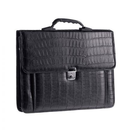 Портфель OfficeSpace "Palermo", кожзам, кайман, черный, 3 отделения, метал. замок, с ремнем