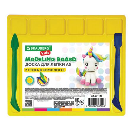 Доска для лепки с отделениями и 2 стеками А5, 200х170 мм, ассорти, BRAUBERG KIDS, 271145 Доска для лепки с отделениями и 2 стеками А5, 200х170 мм, ассорти, BRAUBERG KIDS, 271145