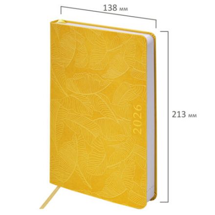 Ежедневник датированный 2026 А5 138x213 мм, BRAUBERG "Foliage", под кожу, гибкий, желтый, 117130