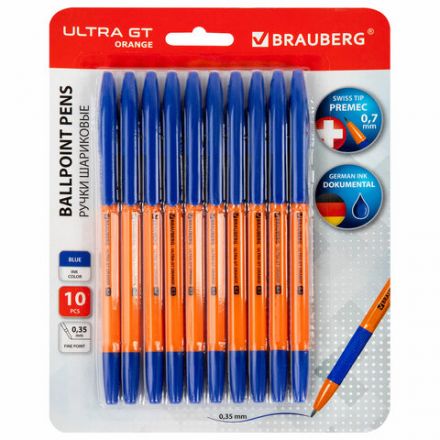 Ручки шариковые с грипом BRAUBERG "ULTRA GT ORANGE", НАБОР 10 ШТУК, СИНИЕ, 0,35 мм, блистер, 144057 Ручки шариковые с грипом BRAUBERG "ULTRA GT ORANGE", НАБОР 10 ШТУК, СИНИЕ, 0,35 мм, блистер, 144057