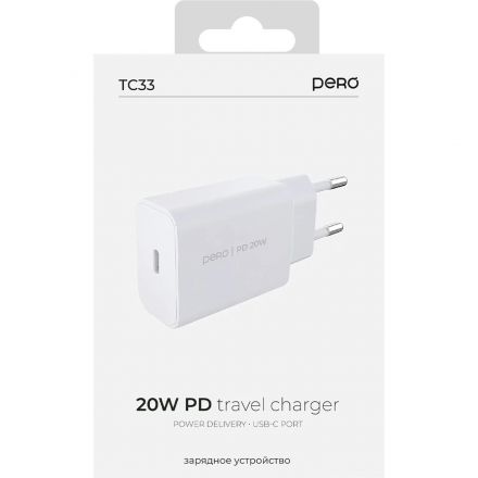 Зарядное устройство сетевое PERO TC33 USB-C, PD 3.0, 20W белый