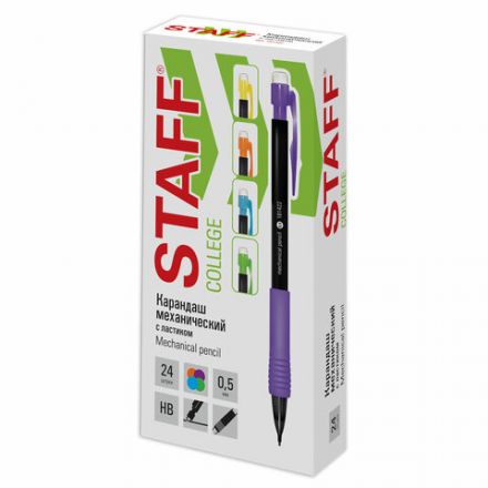 Карандаш механический 0,5 мм, STAFF "College" MP-422, ластик, резиновый грип, корпус черный, детали ассорти, 181422 Карандаш механический 0,5 мм, STAFF "College" MP-422, ластик, резиновый грип, корпус черный, детали ассорти, 181422