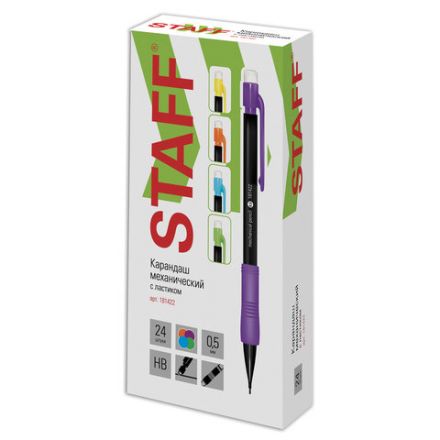 Карандаш механический 0,5 мм, STAFF "College" MP-422, ластик, резиновый грип, корпус черный, детали ассорти, 181422 Карандаш механический 0,5 мм, STAFF "College" MP-422, ластик, резиновый грип, корпус черный, детали ассорти, 181422