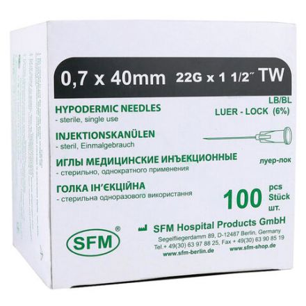 Иглы инъекционные одноразовые SFM 0,70 х 40 - 22G, КОМПЛЕКТ 100 шт. Иглы инъекционные одноразовые SFM 0,70 х 40 - 22G, КОМПЛЕКТ 100 шт.
