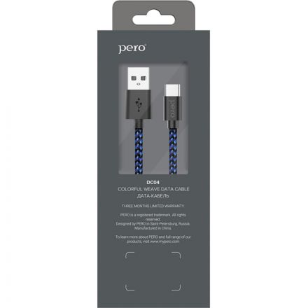 Кабель USB PERO DC-04 Type-C, 3А, 1м, Blue-black (Fast Charge)