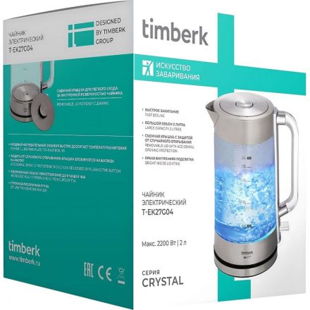 Чайник электрический Timberk T-EK27G04, стекло, 2200Вт, 2л, белый Чайник электрический Timberk T-EK27G04, стекло, 2200Вт, 2л, белый
