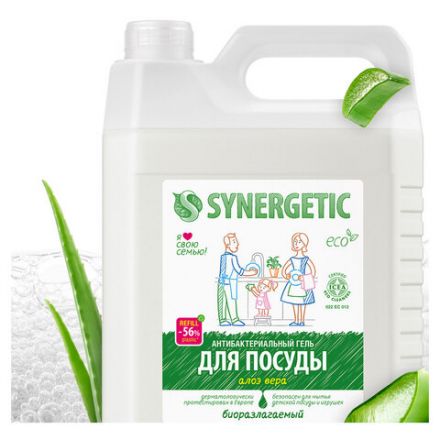 Гель для мытья посуды антибактериальный 5 л, SYNERGETIC "Алоэ", канистра, 103503 Гель для мытья посуды антибактериальный 5 л, SYNERGETIC "Алоэ", канистра, 103503